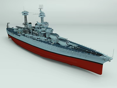 Military Warship with Gray Superstructure Red Hull and Tower Deck Equipment 3d model