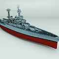 Military Warship with Gray Superstructure Red Hull and Tower Deck Equipment