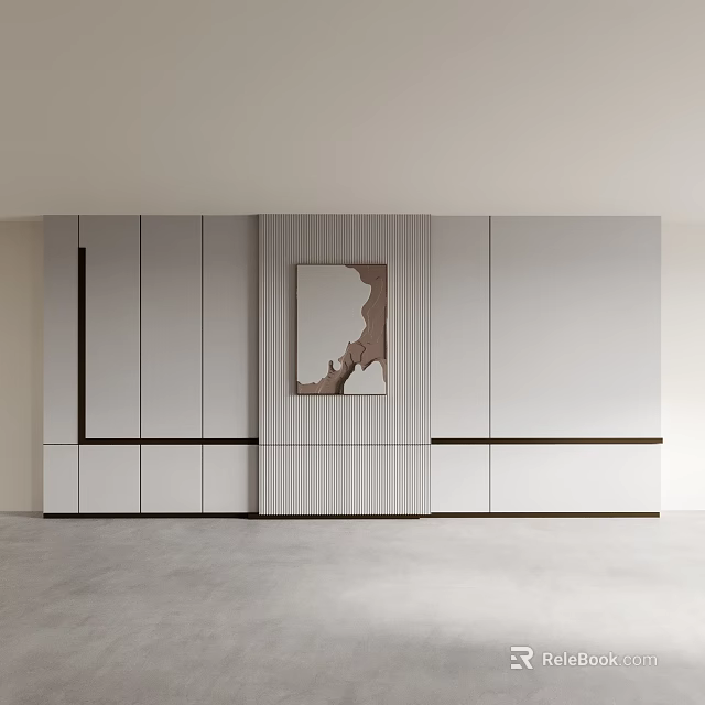 Modern Background Wall With Gray White Panels Vertical Striped Design Decorative Painting And Side Cabinets 3d model 