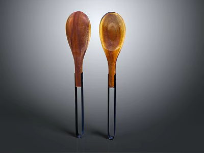 Stylish Natural Wooden Tableware Set with Two Spoons and Metal Handles Design 3d model