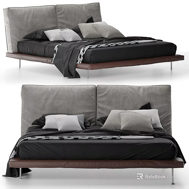Modern Upholstered Bed With Black Frame Gray Headboard And Decorative Pillows 3d model