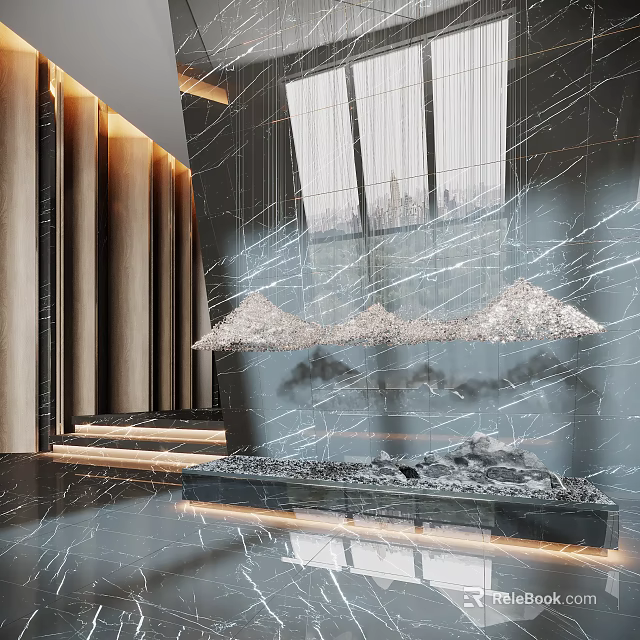 Modern Indoor Garden Decor With Marble Wall Stone Ornament And Pendant Lights 3d model 