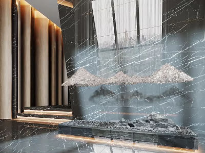 Modern Indoor Garden Decor With Marble Wall Stone Ornament And Pendant Lights 3d model