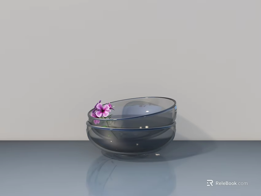 Transparent Glass Vase with Purple Flower on Gray Surface and Light Background 3d model 