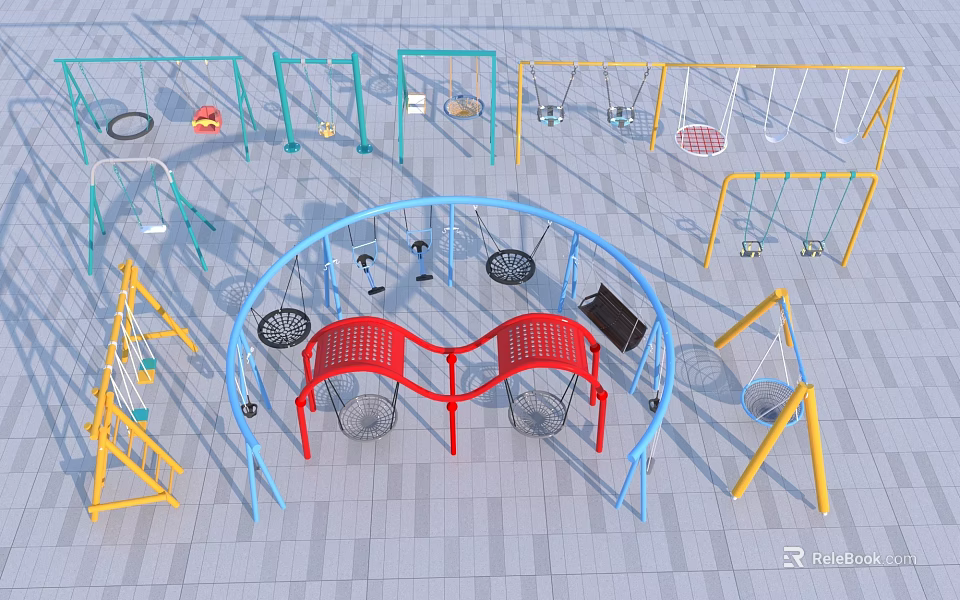 Outdoor Playground Sports Equipment With Colorful Frames and Multiple Swing Types for Kids 3d model 