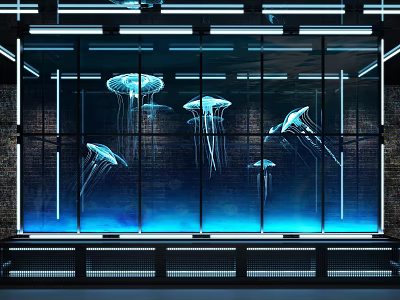 Modern Glass Display Shelves With Illuminated Jellyfish And Blue Lighting Against Black Brick Wall 3d model