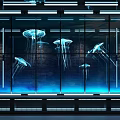 Modern Glass Display Shelves With Illuminated Jellyfish And Blue Lighting Against Black Brick Wall