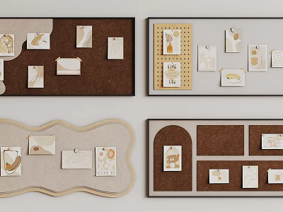 Creative Photo Wall Design With Various Shaped Boards And Decorative Cards 3d model