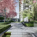 Modern High Rise Building Exterior with Vertical Grille Entrance Stone Path and Trees