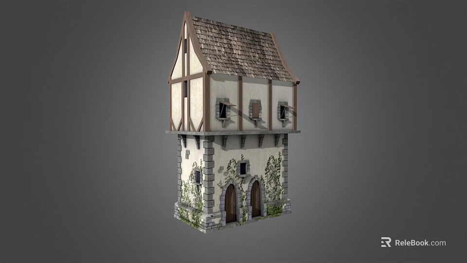 Ancient Two Story Architecture With Wooden Frames Stone Walls Sloped Roof Arched Doors And Vines 3d model 