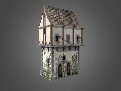 Ancient Two Story Architecture With Wooden Frames Stone Walls Sloped Roof Arched Doors And Vines 3d model