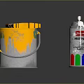 Household Paint Supplies Metal Bucket With Yellow Drips And Spray Paint Can With Colorful Labels