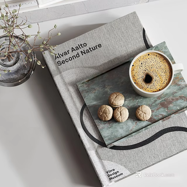 Decorative Ornament Set with Coffee Cup Cookies Tray Book and Floral Vase 3d model 