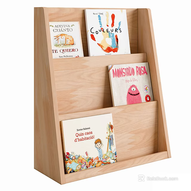 Wooden Bookshelf With Multiple Open Shelves Holding Colorful Illustrated Children's Storybooks 3d model 