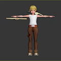 Blonde man in white tank top and brown pants with arms outstretched holding airplane model