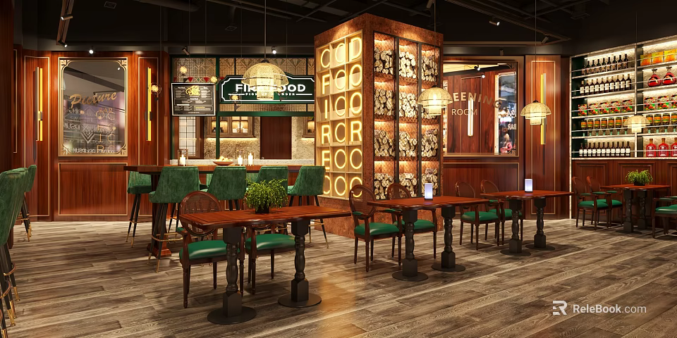 Warm Restaurant Interior Design With Green Chairs Wooden Tables Bar Counter And Decorative Wall 3d model 