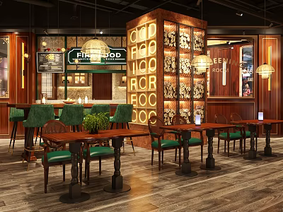 Warm Restaurant Interior Design With Green Chairs Wooden Tables Bar Counter And Decorative Wall 3d model