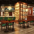 Warm Restaurant Interior Design With Green Chairs Wooden Tables Bar Counter And Decorative Wall