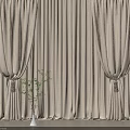 Elegant Beige Striped Curtains With Tassel Tiebacks And Decorative Plant