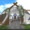 Outdoor Restaurant With Tent Structure Wooden Entrance White Flowers And Green Plants