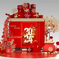 New Year 2024 Red Decorations With Gift Boxes Fortune Characters And Lanterns 3d model