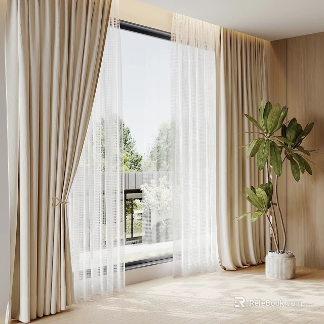 Beige Curtains With White Sheer Panels And Indoor Plant By Bright Window With Green Trees 3d model 