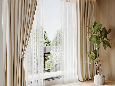 Beige Curtains With White Sheer Panels And Indoor Plant By Bright Window With Green Trees 3d model
