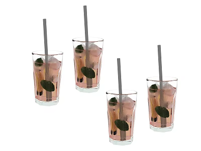 Transparent Glass Drinking Cups With Pink Drink Ice Cubes Mint Leaves And Straws 3d model
