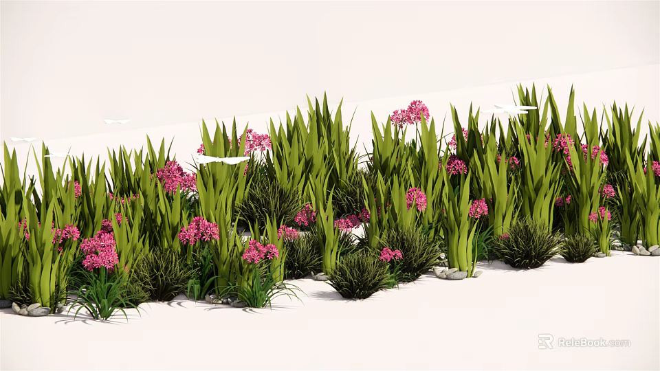 Vibrant Pink Flowers And Green Grass In Landscape With Various Height Leaves 3d model 