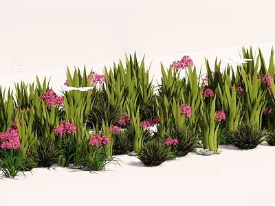 Vibrant Pink Flowers And Green Grass In Landscape With Various Height Leaves 3d model