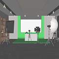 Modern Photography Studio Setup Featuring Green Screen Lighting Equipment Bookshelves And Chairs