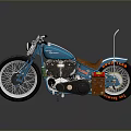 Blue Custom Motorcycle With Brown Leather Seat And Red Lettering On Tires