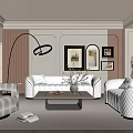 Neutral Toned Modern Living Room Interior With White Sofas Floor Lamp Wall Art And Rug