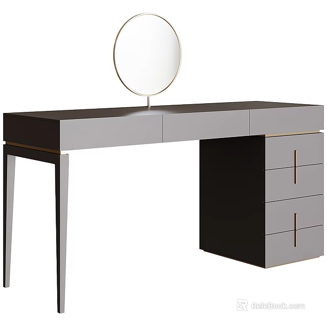 Modern Dressing Table With Round Mirror Black Gray Finish Gold Accents And Drawer Storage 3d model 