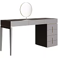 Modern Dressing Table With Round Mirror Black Gray Finish Gold Accents And Drawer Storage