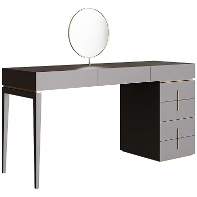 Modern Dressing Table With Round Mirror Black Gray Finish Gold Accents And Drawer Storage 3d model