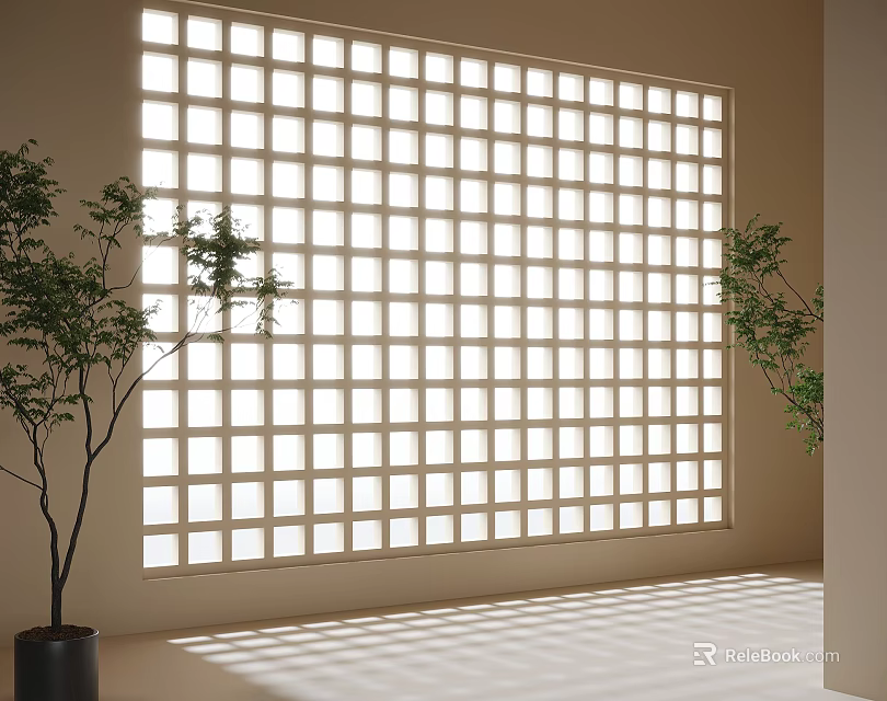 Modern Grid Partition With Sunlight Filtering And Indoor Plants In Interior Design 3d model
