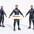 Game and Movie Character in Dark Futuristic Outfit With Protective Gear and Blue Accents