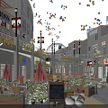 Vibrant Commercial Street with Colorful Balloons Outdoor Seating Green Plants and Pedestrians