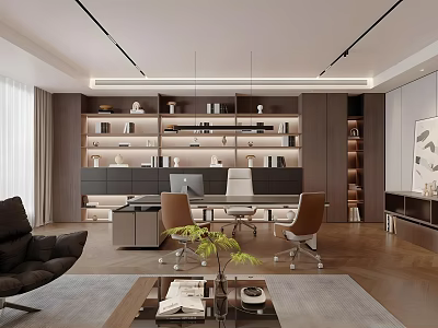 Modern Office Interior Design With Spacious Workspace Bookshelves Comfortable Chairs Recessed Lighting And Green Plants 3d model