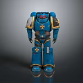 Blue Armored Robot Character With Red Eyes And Gold Accents In Sci Fi Setting
