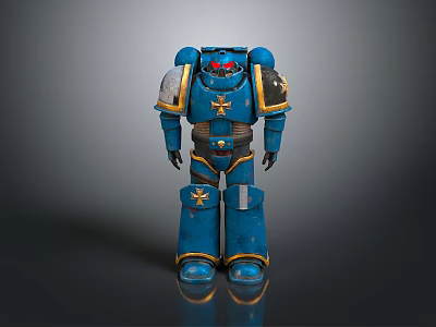 Blue Armored Robot Character With Red Eyes And Gold Accents In Sci Fi Setting 3d model
