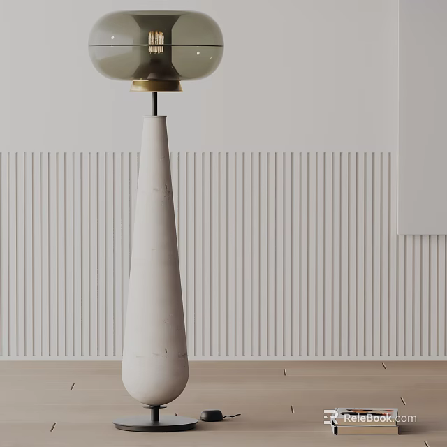 Modern Floor Lamp with White Conical Base and Gold Accented Glass Shade Against Striped Wall 3d model 