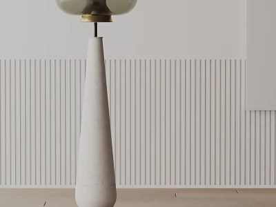 Modern Floor Lamp with White Conical Base and Gold Accented Glass Shade Against Striped Wall 3d model