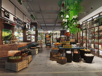 Modern Supermarket Department Store with Fresh Produce Shelves and Fruit Vegetable Displays 3d model