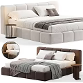 Tufted Upholstered Bed Frame With White Pillows Gray Blanket And Wooden Nightstand