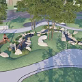 Outdoor Children's Play Area With Natural Grass Trees Stones Water Features And Curved Paths