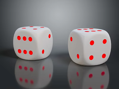Two White Dice With Red Dots On Black Table Showing Clear Reflections 3d model
