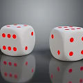 Two White Dice With Red Dots On Black Table Showing Clear Reflections