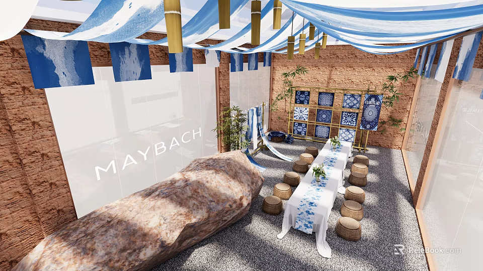 Maybach Display Area Featuring Blue White Striped Canopies Brick Walls Long Table And Stone Stools 3d model 
